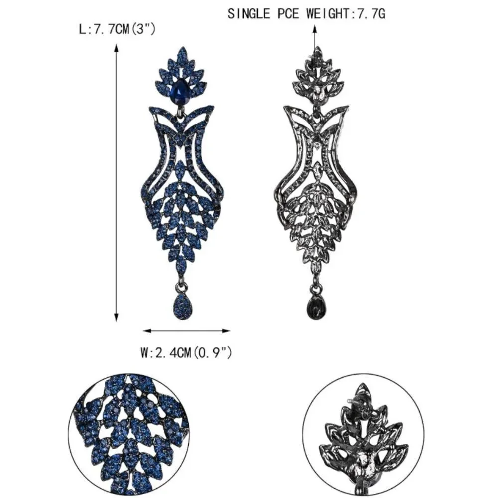 Gun Metal with Sapphire Blue Crystal Flower Vase Chandelier Post Back Earrings